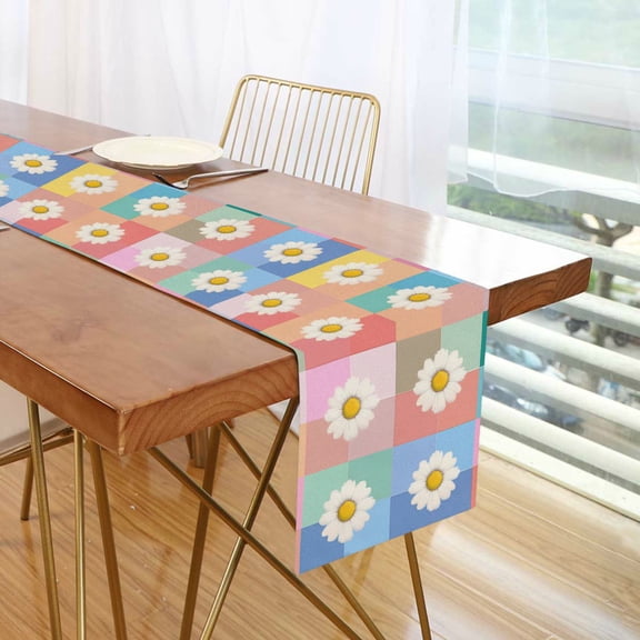 Yayeee Table Runner 90 inches Long Home Kitchen Dinning Party Decoration, Pink Checkered Daisy