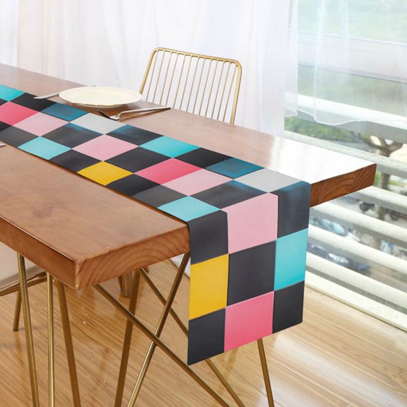 Yayeee Table Runner 90 inches Long Home Kitchen Dinning Party Decoration, Pink Checkered Pattern