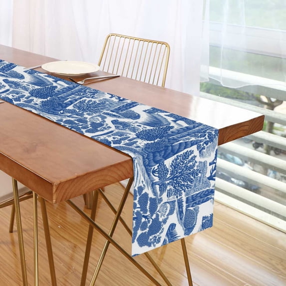 Yayeee Table Runner 90 inches Long for Home Kitchen Rectangle Dining Table Holiday Party Decoration, Blue Garden Pattern