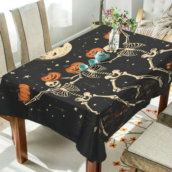 Yayeee Tablecloths 54" x 54" Rectangle Wrinkle Resistant Party Table Cover, Black Halloween Dancing Skeleton