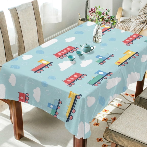 Yayeee Tablecloths 54" x 54" Rectangle Wrinkle Resistant Party Table Cover, Blue Trains Pattern