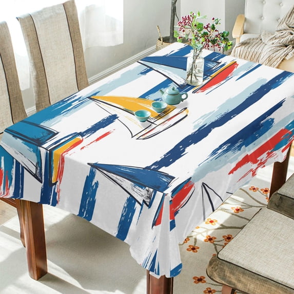 Yayeee Tablecloths 54" x 54" Rectangle Wrinkle Resistant Party Table Cover, Dark Blue Hand Drawn Sailboats