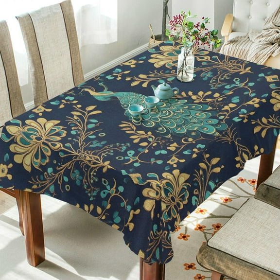 Yayeee Tablecloths 54" x 54" Rectangle Wrinkle Resistant Party Table Cover, Navy Blue Peacock Pattern