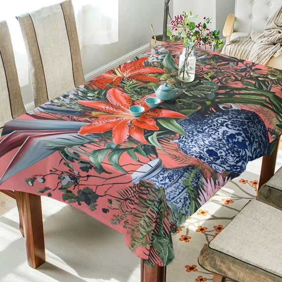Yayeee Tablecloths 54" x 54" Rectangle Wrinkle Resistant Party Table Cover, Orange Vibrant Flowers