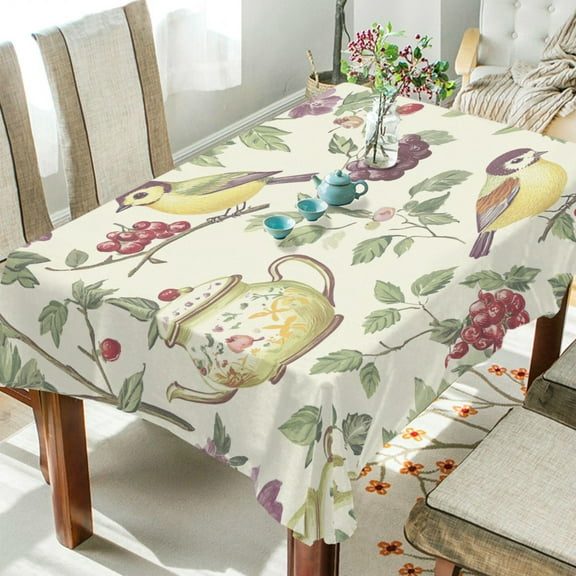 Yayeee Tablecloths 54" x 54" Rectangle Wrinkle Resistant Party Table Cover, Purple Birds Teapots