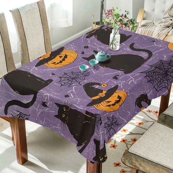 Yayeee Tablecloths 54" x 54" Rectangle Wrinkle Resistant Party Table Cover, Purple Halloween Black Cat