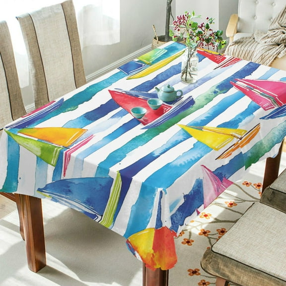 Yayeee Tablecloths 54" x 54" Rectangle Wrinkle Resistant Party Table Cover, Yellow Hand Drawn Sailboats
