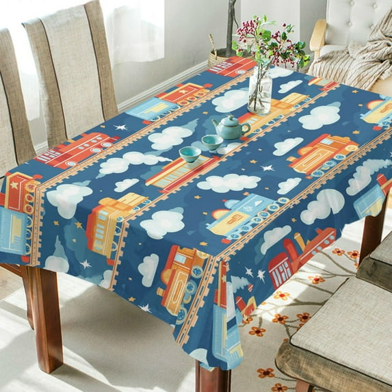 Yayeee Tablecloths 54" x 72" Rectangle Wrinkle Resistant Party Table Cover, Blue Cute Train Pattern