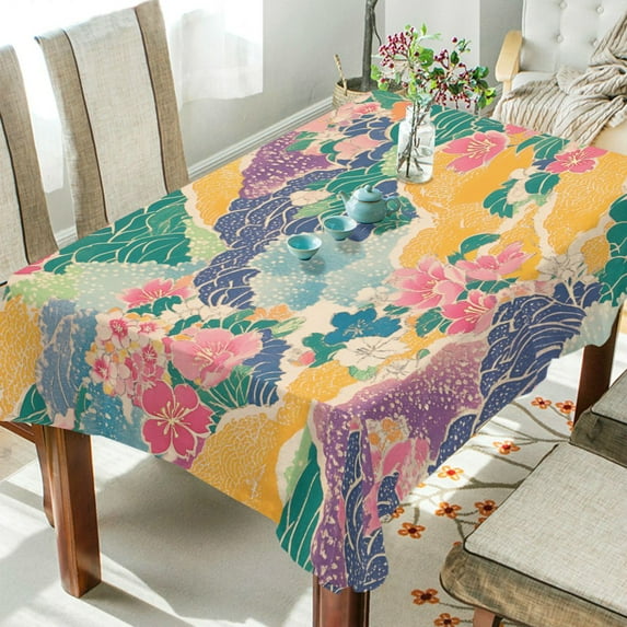 Yayeee Tablecloths 54" x 72" Rectangle Wrinkle Resistant Party Table Cover, Yellow Floral Wave