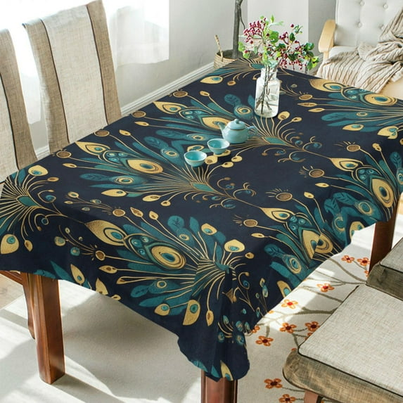 Yayeee Tablecloths 60" x 108" Rectangle Wrinkle Resistant Party Table Cover, Gold Peacock Pattern