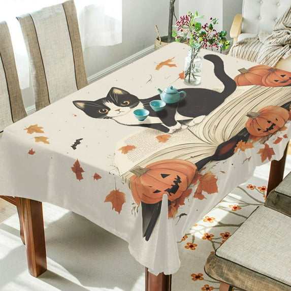 Yayeee Tablecloths 60" x 108" Rectangle Wrinkle Resistant Party Table Cover, Gray Cartoon Halloween Cat