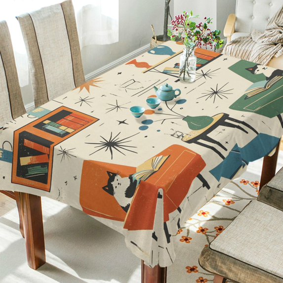 Yayeee Tablecloths 60" x 120" Rectangle Wrinkle Resistant Party Table Cover, Beige Cats Reading