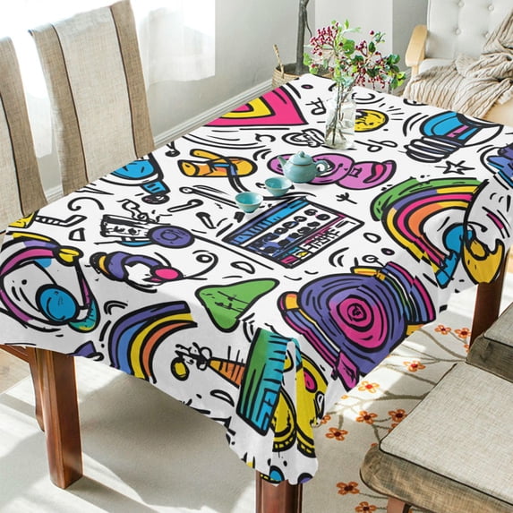 Yayeee Tablecloths 60" x 120" Rectangle Wrinkle Resistant Party Table Cover, White Doodle Pattern