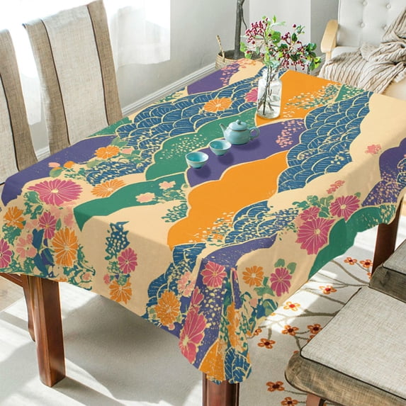 Yayeee Tablecloths 60" x 60" Rectangle Wrinkle Resistant Party Table Cover, Beige Floral Wave