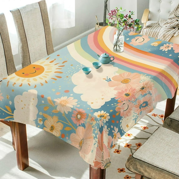 Yayeee Tablecloths 60" x 60" Rectangle Wrinkle Resistant Party Table Cover, Beige Rainbow Clouds