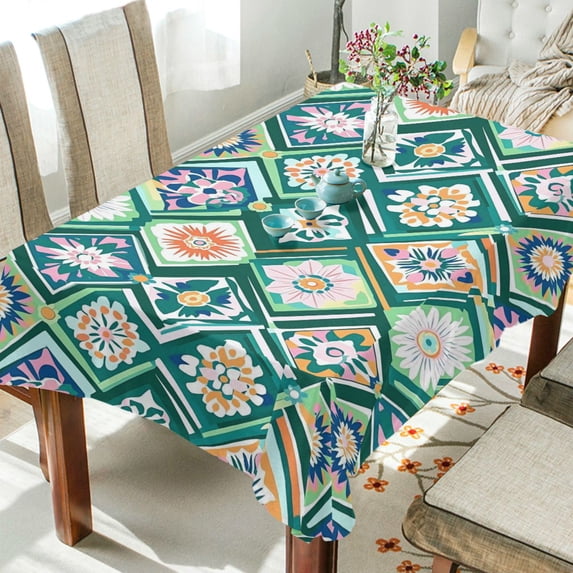 Yayeee Tablecloths 60" x 60" Rectangle Wrinkle Resistant Party Table Cover, Green Geometric Flowers