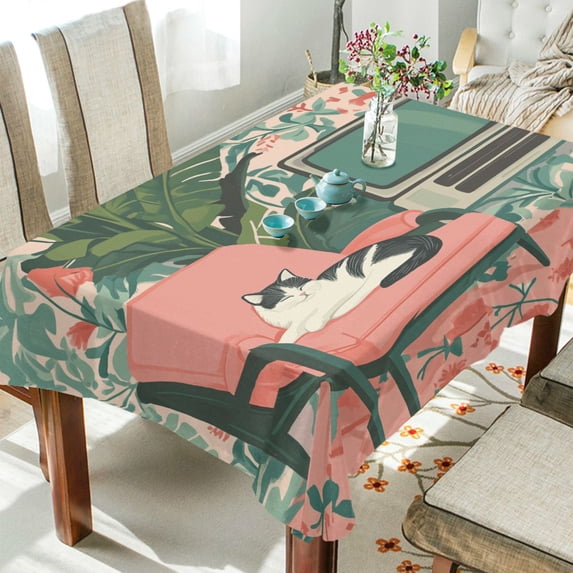 Yayeee Tablecloths 60" x 60" Rectangle Wrinkle Resistant Party Table Cover, Pink and White Cat