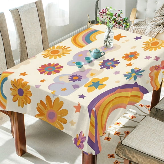 Yayeee Tablecloths 60" x 90" Rectangle Wrinkle Resistant Party Table Cover, Beige Retro Rainbow