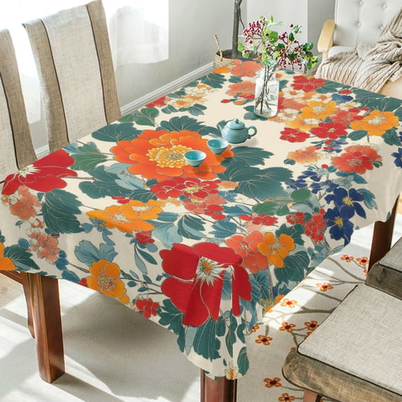 Yayeee Tablecloths 60" x 90" Rectangle Wrinkle Resistant Party Table Cover, Orange Japanese Flowers Pattern