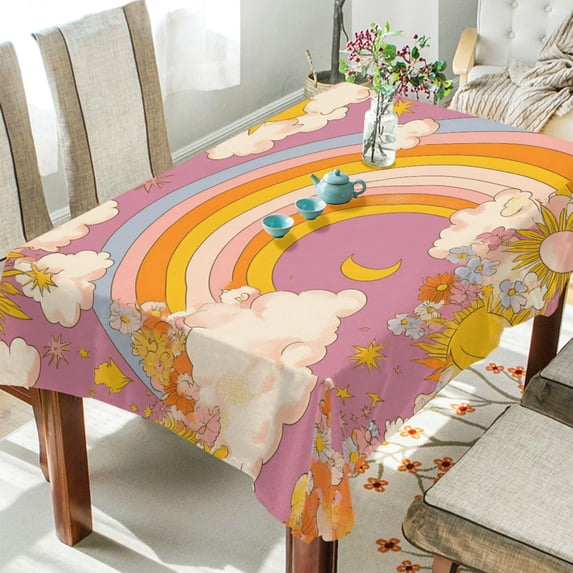 Yayeee Tablecloths 60" x 90" Rectangle Wrinkle Resistant Party Table Cover, Purple Retro Rainbow