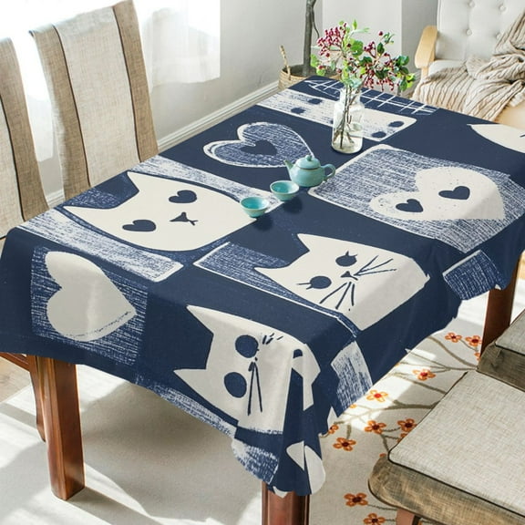 Yayeee Tablecloths for Rectangular Tables 54 x 54 inch Party Table Cover, Blue Cats and Hearts