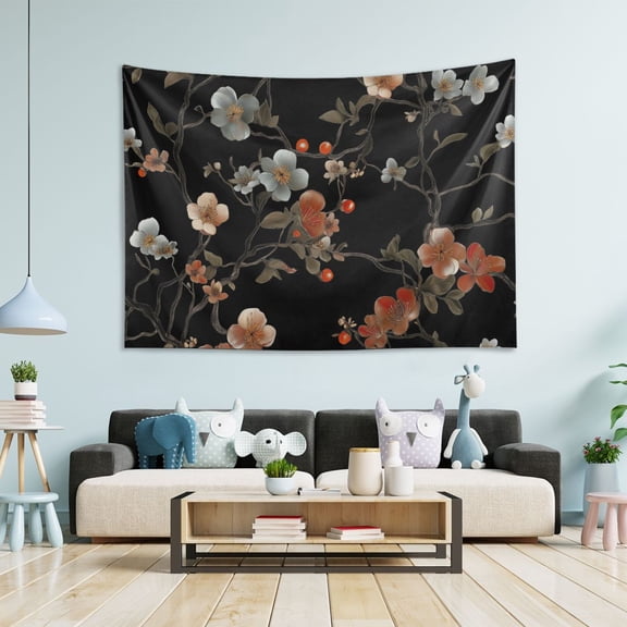 Yayeee Tapestry Wall Hanging for Bedroom 60" x 51" Living Room Home Wall Art Decor, Black Flowers