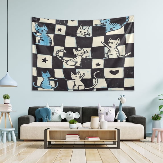 Yayeee Tapestry Wall Hanging for Bedroom 90" x 60" Living Room Home Wall Art Decor, Blue and White Cat