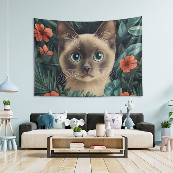 Yayeee Tapestry Wall Hanging for Bedroom 90" x 60" Living Room Home Wall Art Decor, Flowers and Cat
