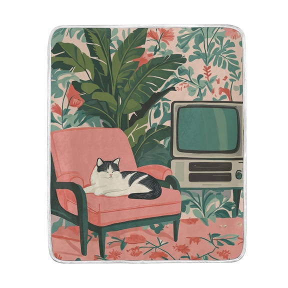 Yayeee Throw Blanket for Couch Soft Warm 50" x 60" Sofa Chair Bed Decoration, Pink and White Cat