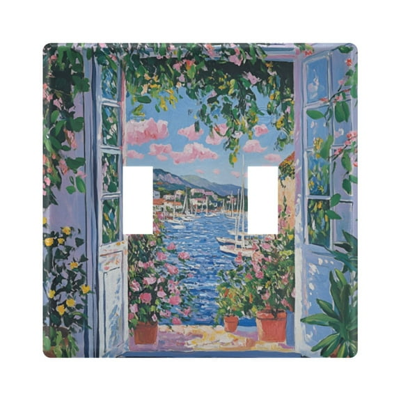 Yayeee Toggle Light Switch Wall Plate 2-Gang 4.56"x4.48" Decorative Outlet Cover, Blue Floral Window