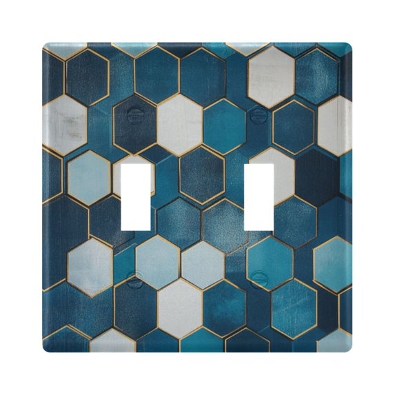 Yayeee Toggle Light Switch Wall Plate 2-Gang 4.56"x4.48" Decorative Outlet Cover, Dark Blue Hexagon Patterns