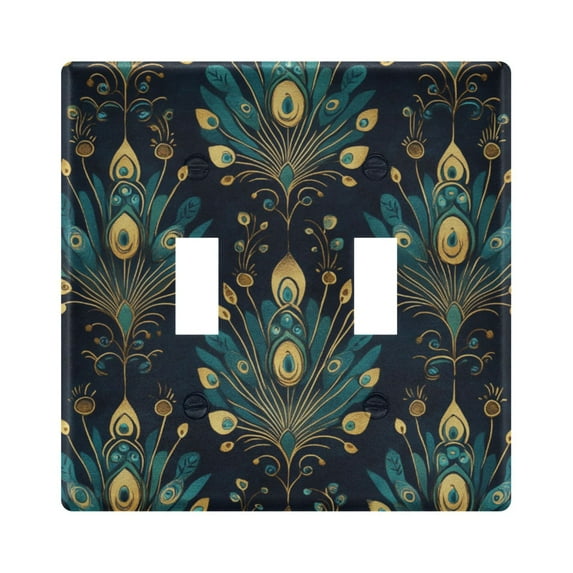 Yayeee Toggle Light Switch Wall Plate 2-Gang 4.56"x4.48" Decorative Outlet Cover, Gold Peacock Pattern
