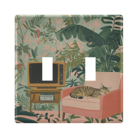 Yayeee Toggle Light Switch Wall Plate 2-Gang 4.56"x4.48" Decorative Outlet Cover, Pink and Green Cat