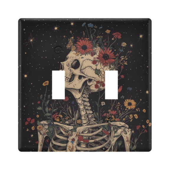 Yayeee Toggle Light Switch Wall Plate 2-Gang 4.56"x4.48" Decorative Outlet Cover, Skeleton with Flowers Pattern