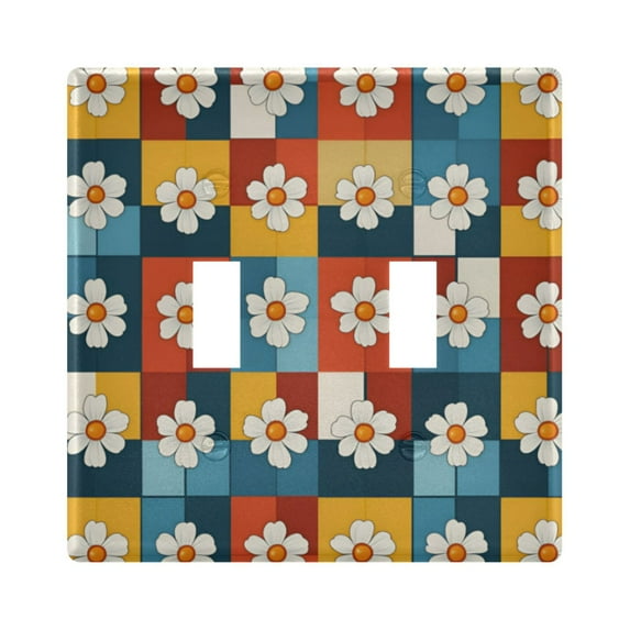 Yayeee Toggle Light Switch Wall Plate 2-Gang 4.56"x4.48" Decorative Outlet Cover, Yellow Checkered Daisy
