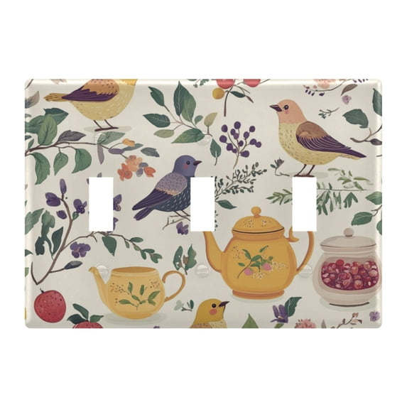 Yayeee Toggle Light Switch Wall Plate 3-Gang 6.37"x4.48" Decorative Outlet Cover, Birds and Teapots