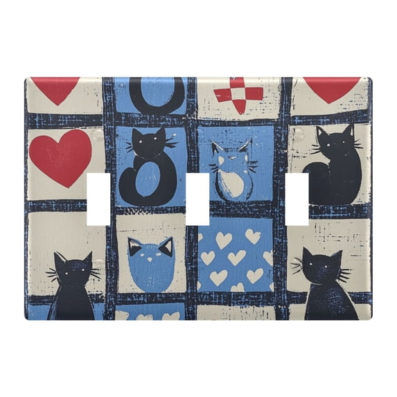 Yayeee Toggle Light Switch Wall Plate 3-Gang 6.37"x4.48" Decorative Outlet Cover, Black Cats and Hearts