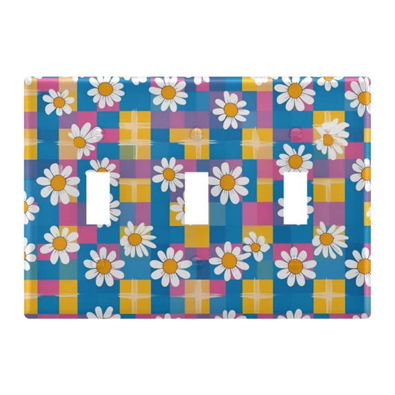 Yayeee Toggle Light Switch Wall Plate 3-Gang 6.37"x4.48" Decorative Outlet Cover, Blue Checkered Daisy
