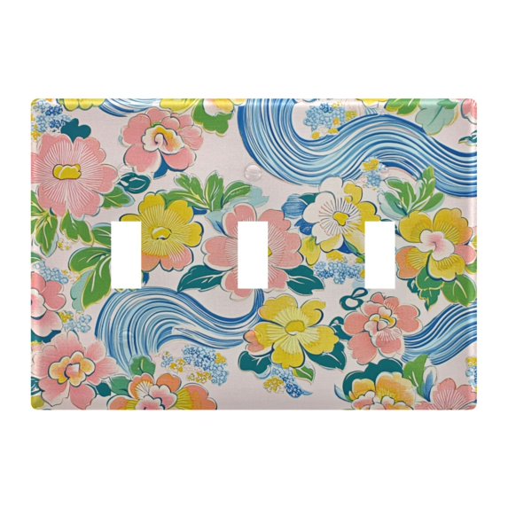 Yayeee Toggle Light Switch Wall Plate 3-Gang 6.37"x4.48" Decorative Outlet Cover, Blue Floral Wave