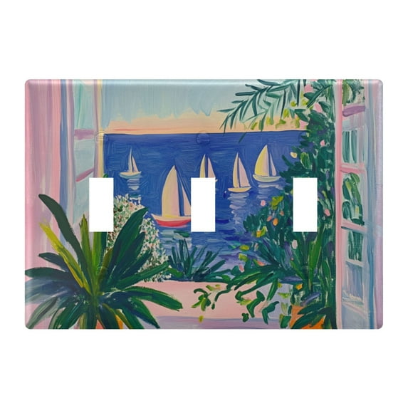 Yayeee Toggle Light Switch Wall Plate 3-Gang 6.37"x4.48" Decorative Outlet Cover, Boat Seaside