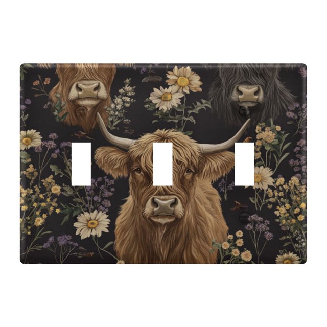 Yayeee Toggle Light Switch Wall Plate 3-Gang 6.37"x4.48" Decorative Outlet Cover, Cows and Flowers