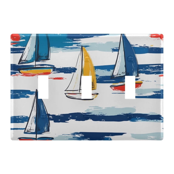 Yayeee Toggle Light Switch Wall Plate 3-Gang 6.37"x4.48" Decorative Outlet Cover, Dark Blue Hand Drawn Sailboats