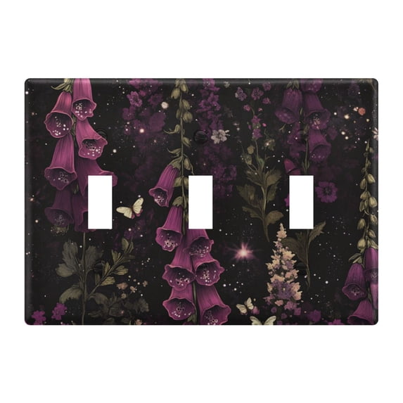 Yayeee Toggle Light Switch Wall Plate 3-Gang 6.37"x4.48" Decorative Outlet Cover, Dark Purple Floral Pattern