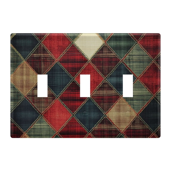 Yayeee Toggle Light Switch Wall Plate 3-Gang 6.37"x4.48" Decorative Outlet Cover, Dark Tartan Pattern