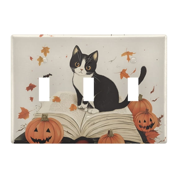 Yayeee Toggle Light Switch Wall Plate 3-Gang 6.37"x4.48" Decorative Outlet Cover, Gray Cartoon Halloween Cat