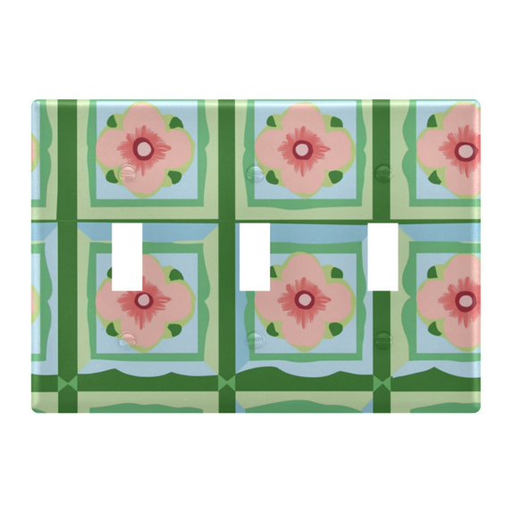 Yayeee Toggle Light Switch Wall Plate 3-Gang 6.37"x4.48" Decorative Outlet Cover, Green Blossom Mosaic