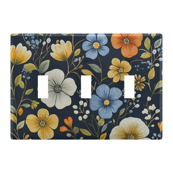 Yayeee Toggle Light Switch Wall Plate 3-Gang 6.37"x4.48" Decorative Outlet Cover, Navy Floral Pattern