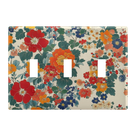 Yayeee Toggle Light Switch Wall Plate 3-Gang 6.37"x4.48" Decorative Outlet Cover, Orange Japanese Flowers Pattern