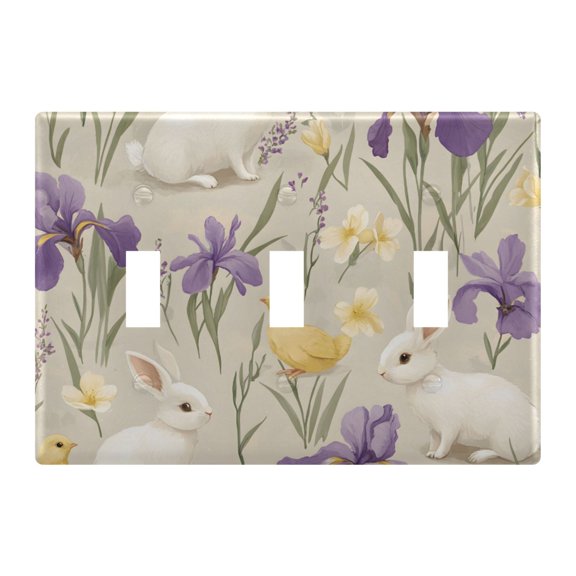 Yayeee Toggle Light Switch Wall Plate 3-Gang 6.37"x4.48" Decorative Outlet Cover, Purple Floral Rabbit