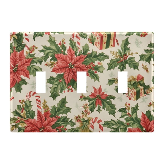Yayeee Toggle Light Switch Wall Plate 3-Gang 6.37"x4.48" Decorative Outlet Cover, Retro Christmas Holly